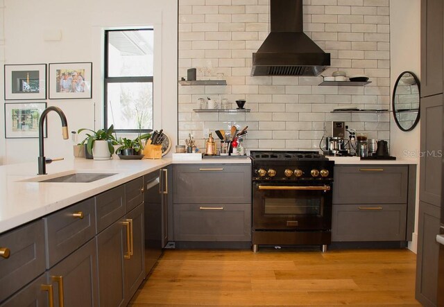 kitchen with open shelves, light wood-style floors, a sink, wall chimney range hood, and high end stove