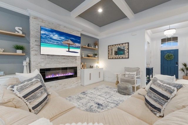 living area featuring a notable chandelier, a fireplace, coffered ceiling, and beamed ceiling