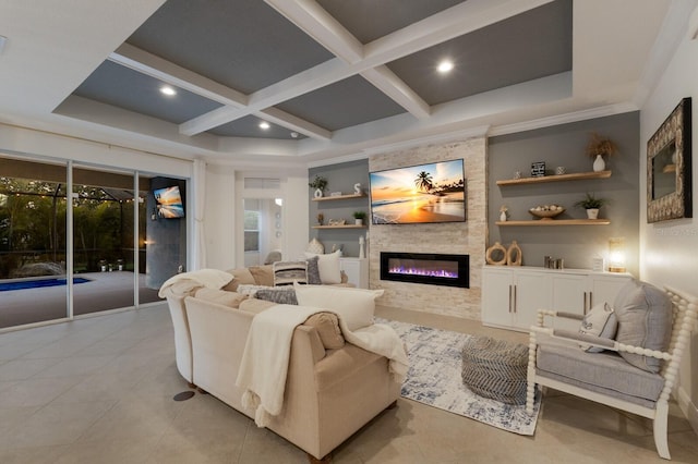 living room featuring built in shelves, a fireplace, coffered ceiling, and beam ceiling