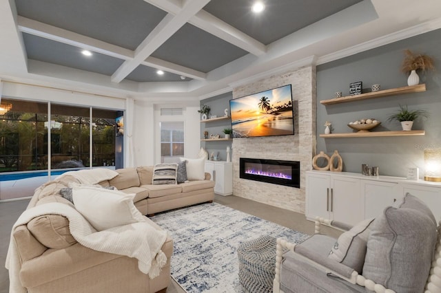 living area with coffered ceiling, a fireplace, carpet flooring, built in features, and beamed ceiling