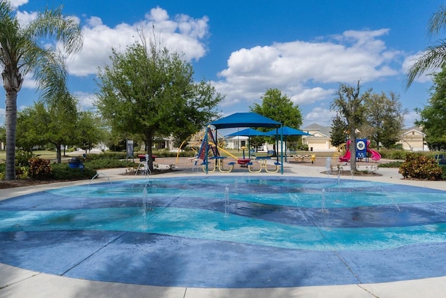 view of swimming pool featuring playground community