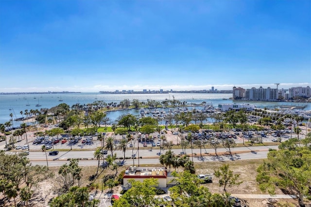 drone / aerial view with a view of city and a water view