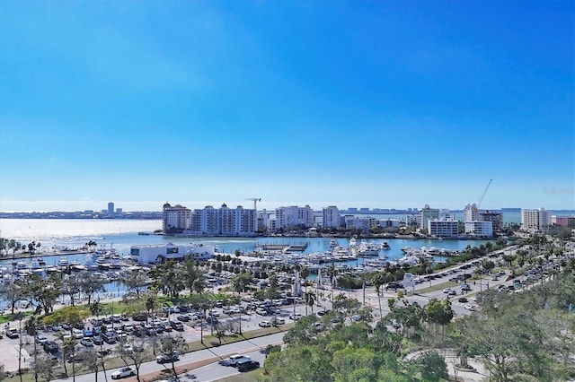 drone / aerial view with a water view and a city view