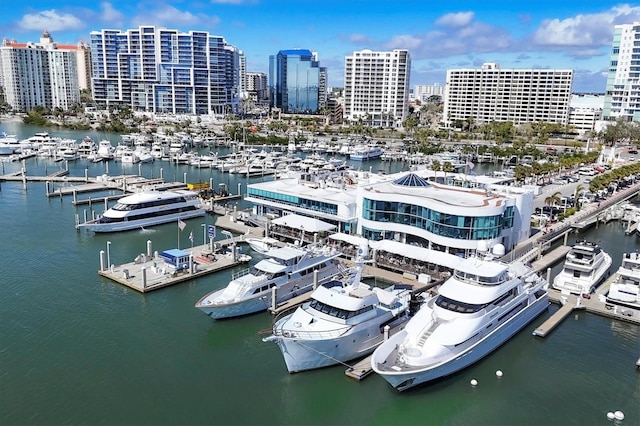 drone / aerial view featuring a water view and a view of city