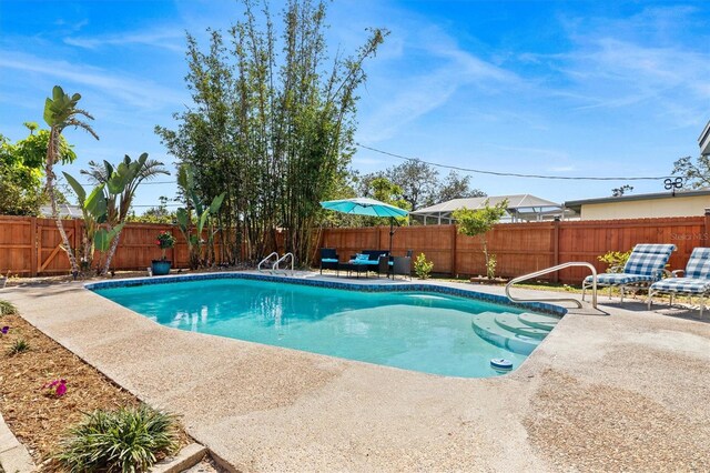 view of pool featuring a patio area, a fenced backyard, and a fenced in pool