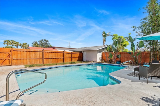 view of pool with a patio area, a fenced backyard, and a fenced in pool