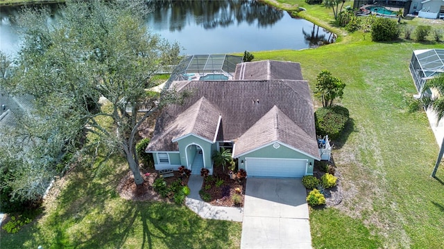 drone / aerial view with a water view