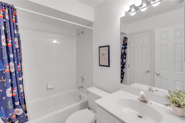 bathroom with shower / bath combination with curtain, a textured ceiling, toilet, and vanity