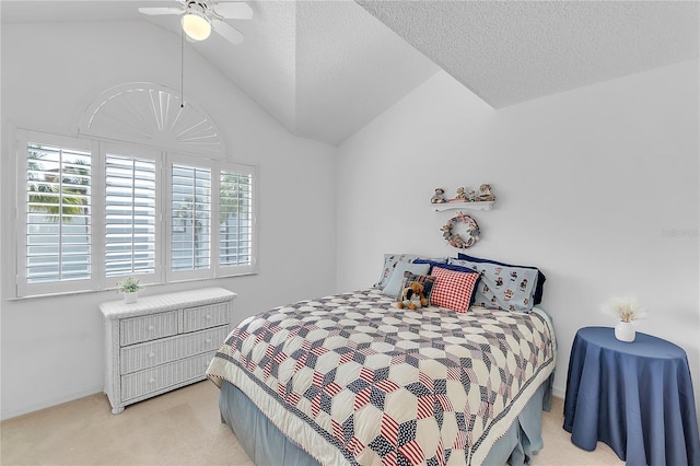 bedroom featuring carpet floors, multiple windows, and vaulted ceiling