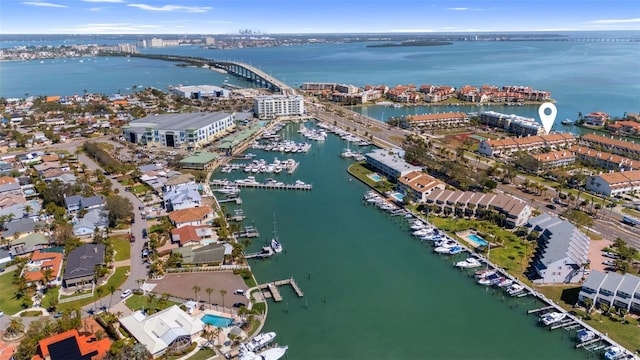 drone / aerial view featuring a water view