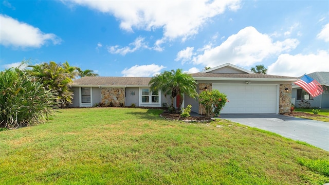 single story home featuring a garage, a front yard, concrete driveway, and stucco siding