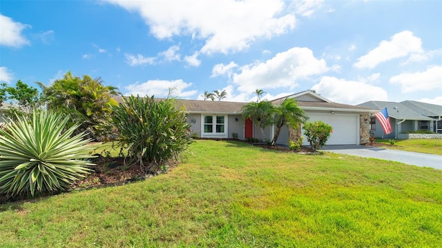 view of front of property featuring a garage, driveway, stone siding, a front lawn, and stucco siding