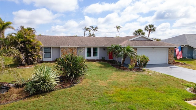 ranch-style home featuring a garage, a front yard, concrete driveway, and stucco siding