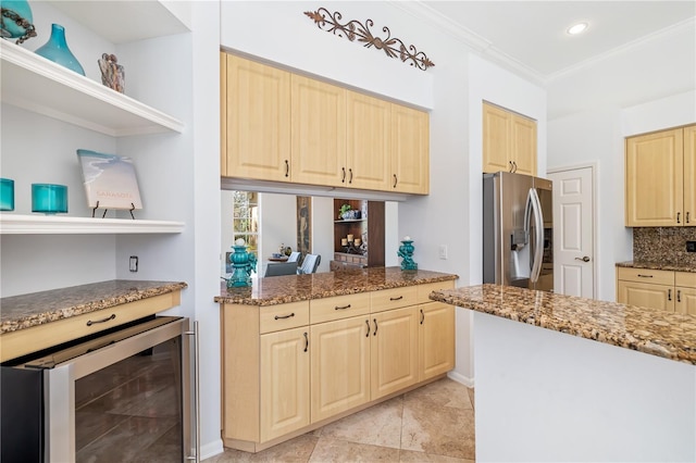 kitchen featuring stainless steel fridge, beverage cooler, light brown cabinetry, open shelves, and backsplash