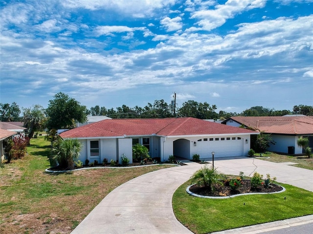 view of front of home with driveway, an attached garage, a front yard, and stucco siding