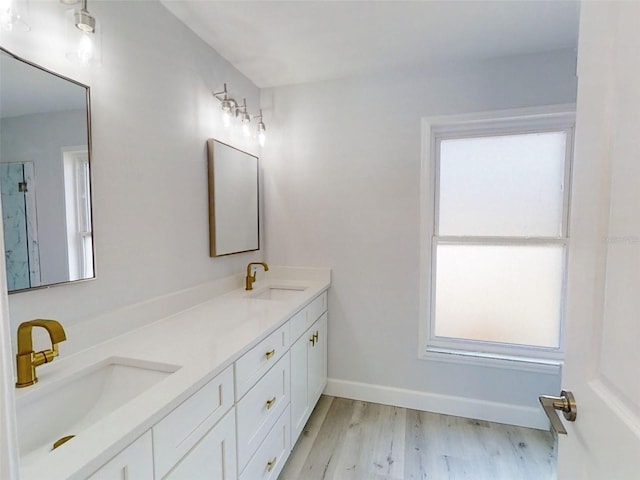 bathroom featuring double vanity, a sink, baseboards, and wood finished floors