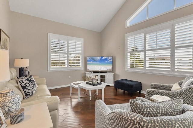 living area featuring lofted ceiling, plenty of natural light, baseboards, and wood finished floors