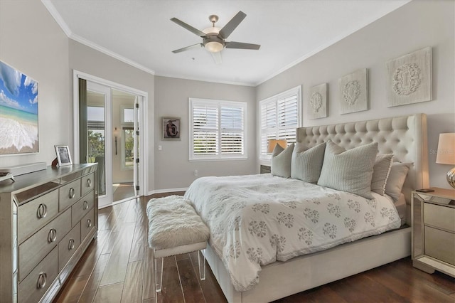 bedroom featuring baseboards, a ceiling fan, dark wood-style floors, access to outside, and crown molding