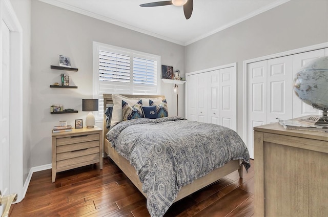 bedroom with crown molding, multiple closets, dark wood-type flooring, a ceiling fan, and baseboards