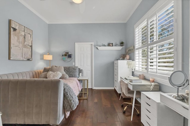 home office featuring dark wood-style floors, ornamental molding, and baseboards