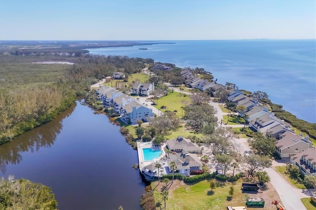 aerial view with a water view and a residential view