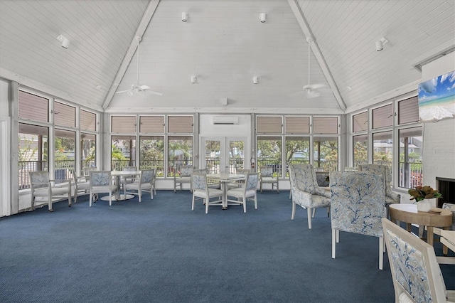 92 Tidy Island Blvd, Bradenton, FL 34210 - sunroom featuring high vaulted ceiling, carpet floors, ceiling fan, outdoor dining space, and wooden ceiling