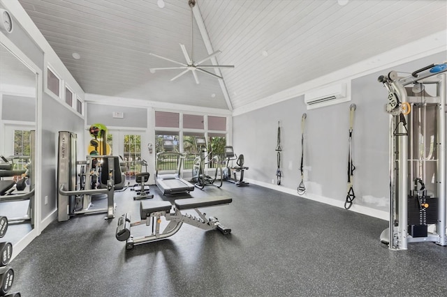 92 Tidy Island Blvd, Bradenton, FL 34210 - gym with wooden ceiling, a ceiling fan, a wall mounted air conditioner, healthy amount of natural light, and high vaulted ceiling