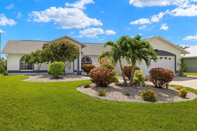 view of property hidden behind natural elements featuring a garage, a front yard, driveway, and stucco siding