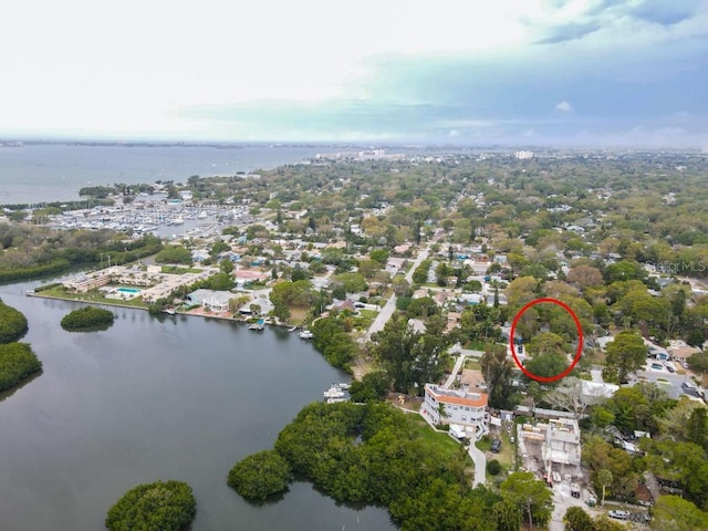 drone / aerial view featuring a water view