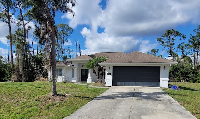 ranch-style home featuring concrete driveway, an attached garage, a front lawn, and stucco siding