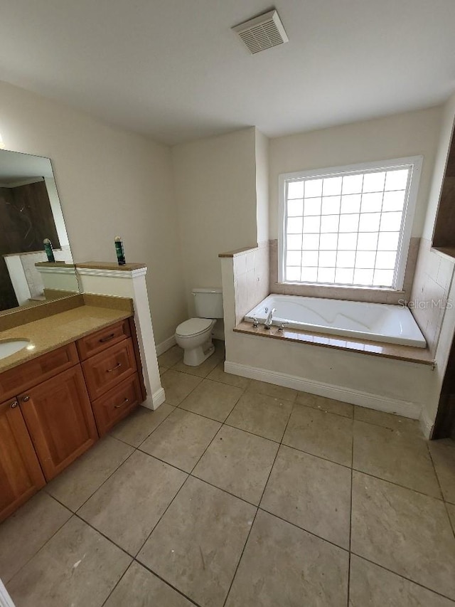 full bath featuring visible vents, toilet, tile patterned floors, vanity, and a bath