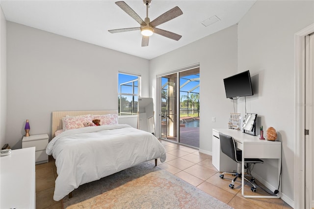 bedroom with visible vents, baseboards, a ceiling fan, access to outside, and light tile patterned flooring