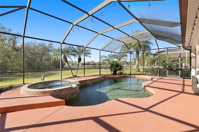 view of pool with glass enclosure, a pool with connected hot tub, and a patio area