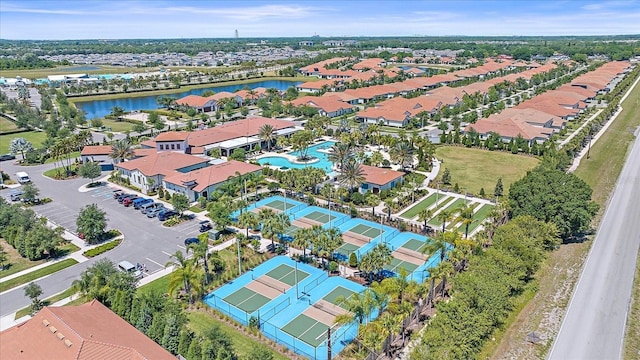 aerial view with a water view and a residential view