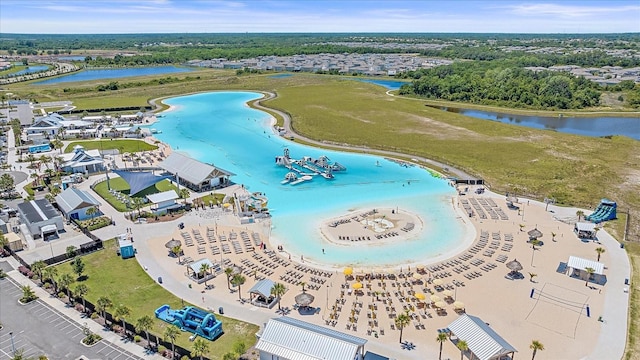 drone / aerial view with a water view