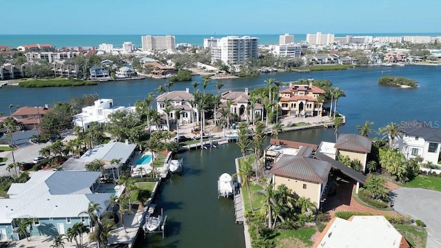 aerial view with a view of city and a water view