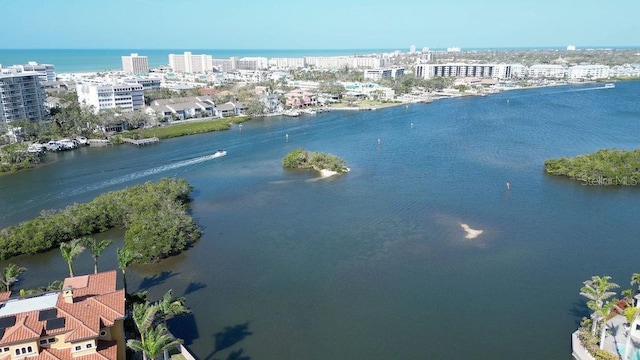 drone / aerial view featuring a city view and a water view