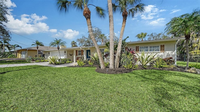 single story home featuring a front yard, fence, driveway, an attached garage, and stucco siding