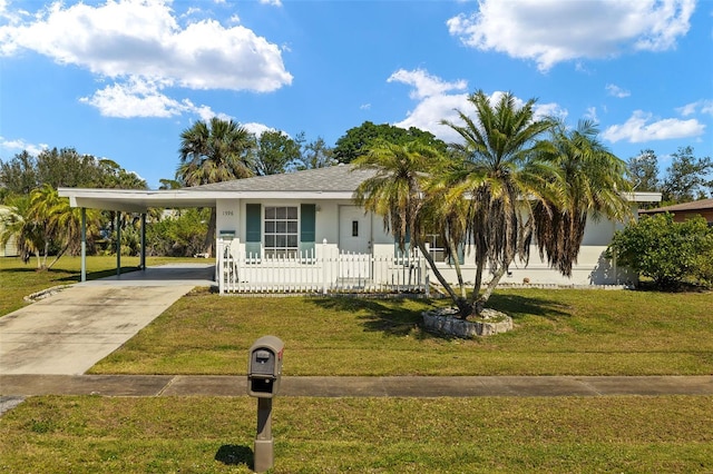 view of front of home featuring driveway, an attached carport, a front yard, and stucco siding