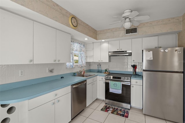 kitchen with open shelves, stainless steel appliances, visible vents, a sink, and under cabinet range hood