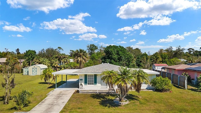 view of front facade with driveway, an attached carport, an outbuilding, fence, and a front lawn