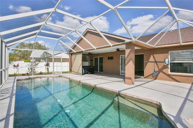 view of pool featuring a fenced in pool, a ceiling fan, a patio, a lanai, and fence