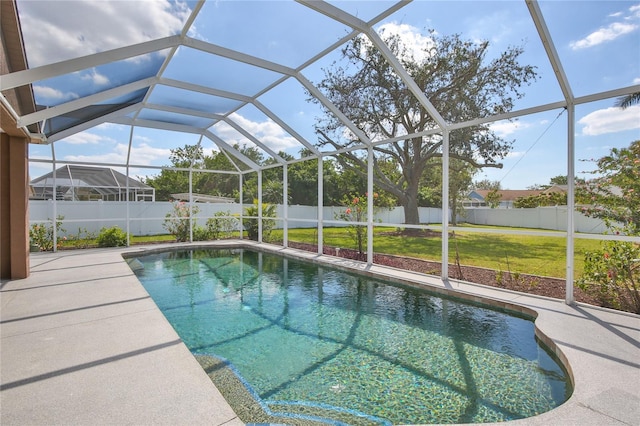 view of pool featuring a fenced in pool, glass enclosure, a fenced backyard, and a lawn