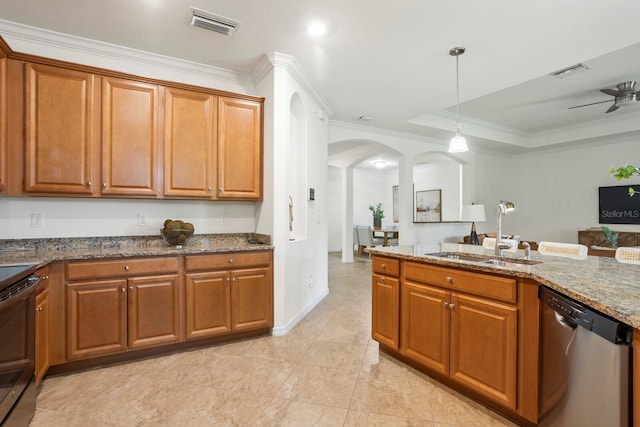 kitchen with arched walkways, black electric range, visible vents, a sink, and dishwasher