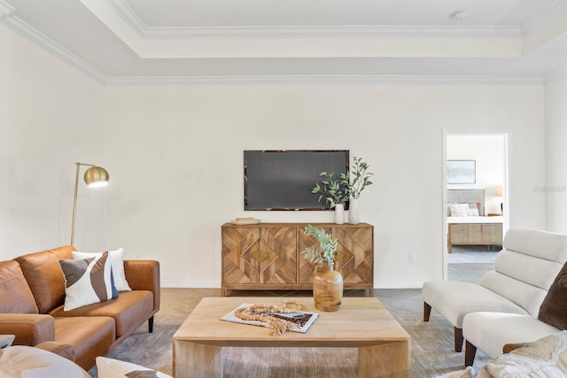 carpeted living area with baseboards, a raised ceiling, and crown molding