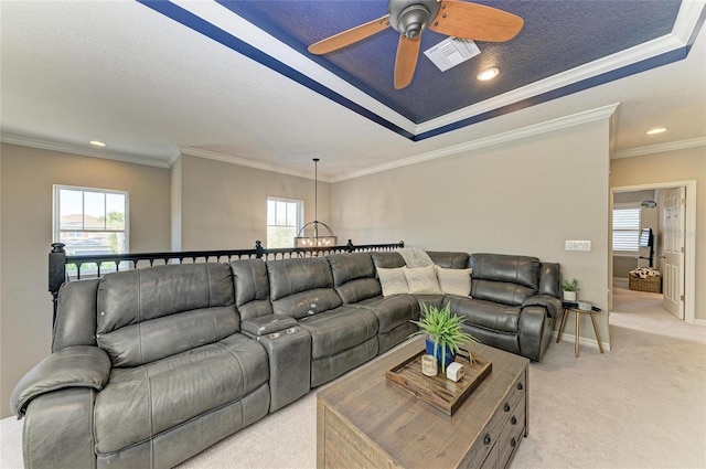 5709 Sunflower Cir, Sarasota, FL 34238 - living room with light carpet, baseboards, visible vents, ornamental molding, and recessed lighting