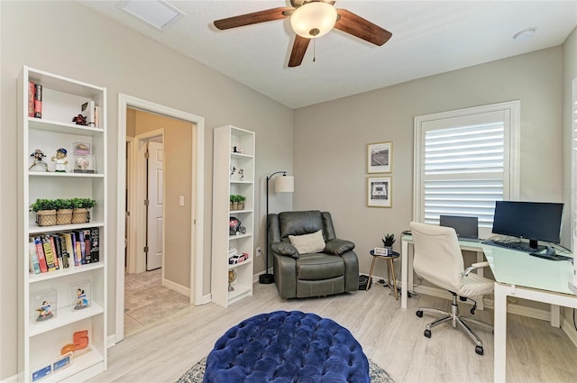 5709 Sunflower Cir, Sarasota, FL 34238 - office featuring a ceiling fan, visible vents, baseboards, and wood finished floors