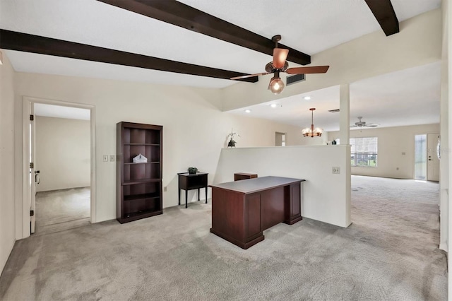 office area with light colored carpet, lofted ceiling with beams, and ceiling fan with notable chandelier