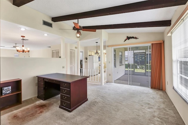 office area with visible vents, lofted ceiling with beams, carpet flooring, a textured ceiling, and ceiling fan with notable chandelier