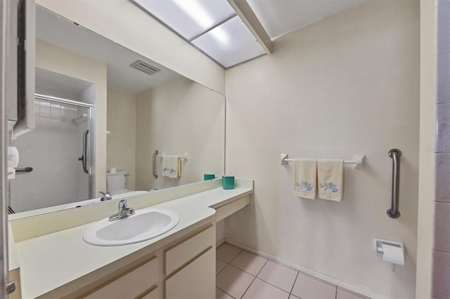 full bathroom featuring visible vents, toilet, a shower stall, vanity, and tile patterned flooring